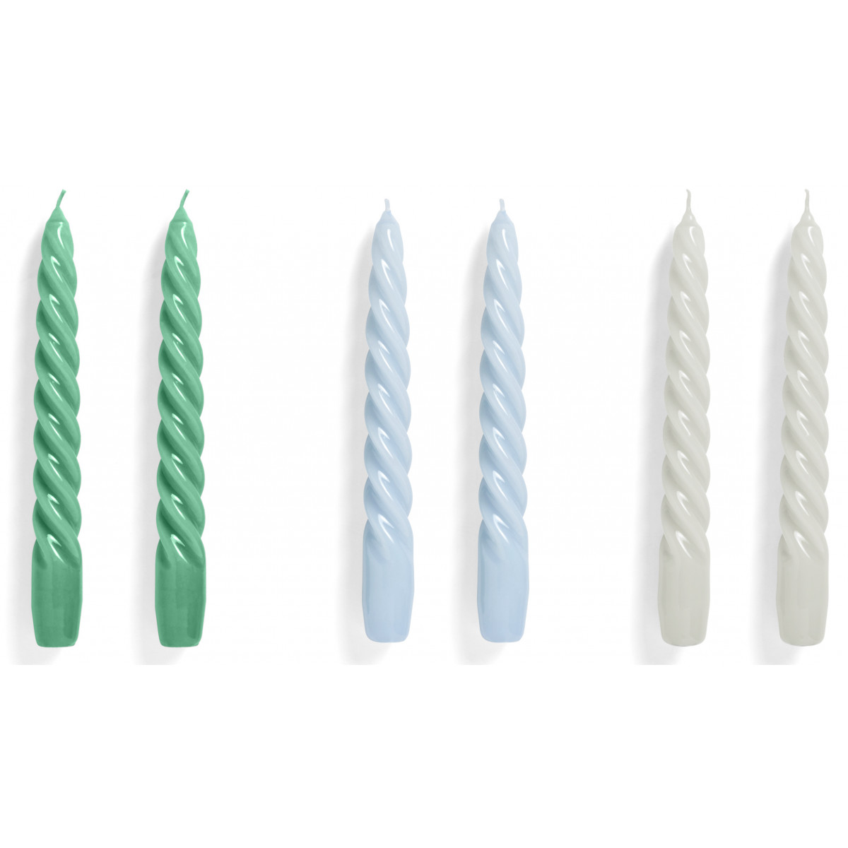 set de 6 bougies Twist - vert clair, bleu clair et gris