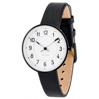 Ø30mm - bracelet cuir noir / fond blanc / cadre métal brossé - montre Station
