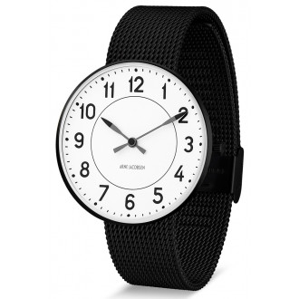 Ø40mm - bracelet maille noir / fond blanc / cadre métal brossé - montre Station