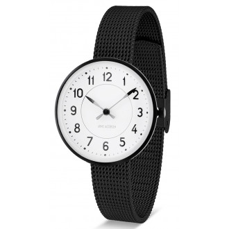 Ø30mm - bracelet maille noir / fond blanc / cadre métal brossé - montre Station