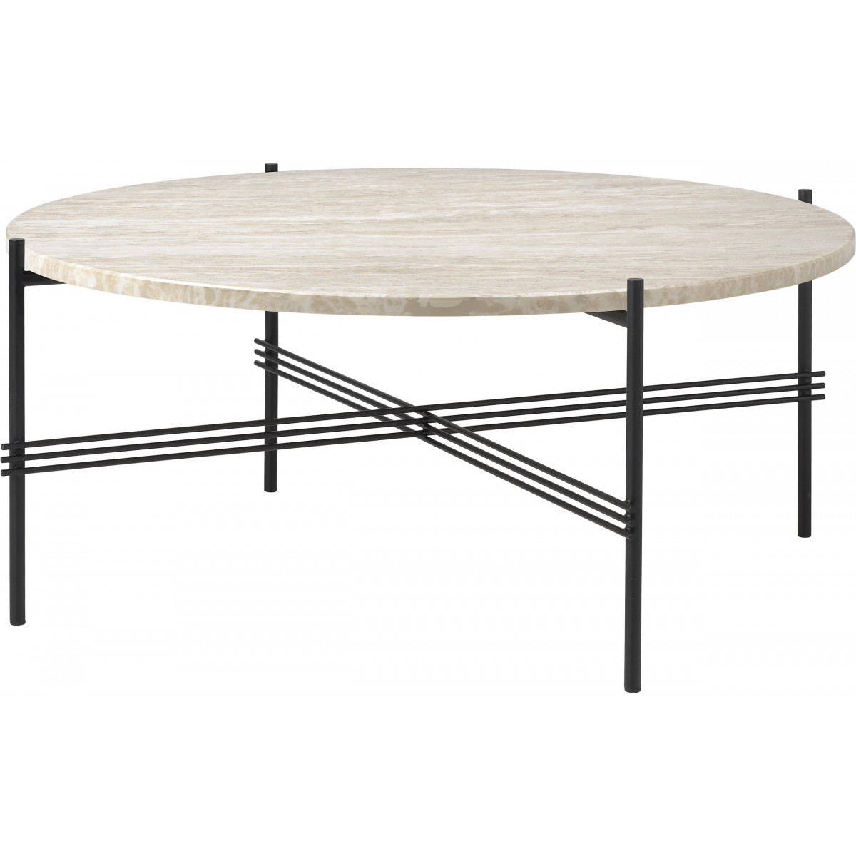 Ø80xH35cm - travertin blanc neutre - base noire - table basse Outdoor TS