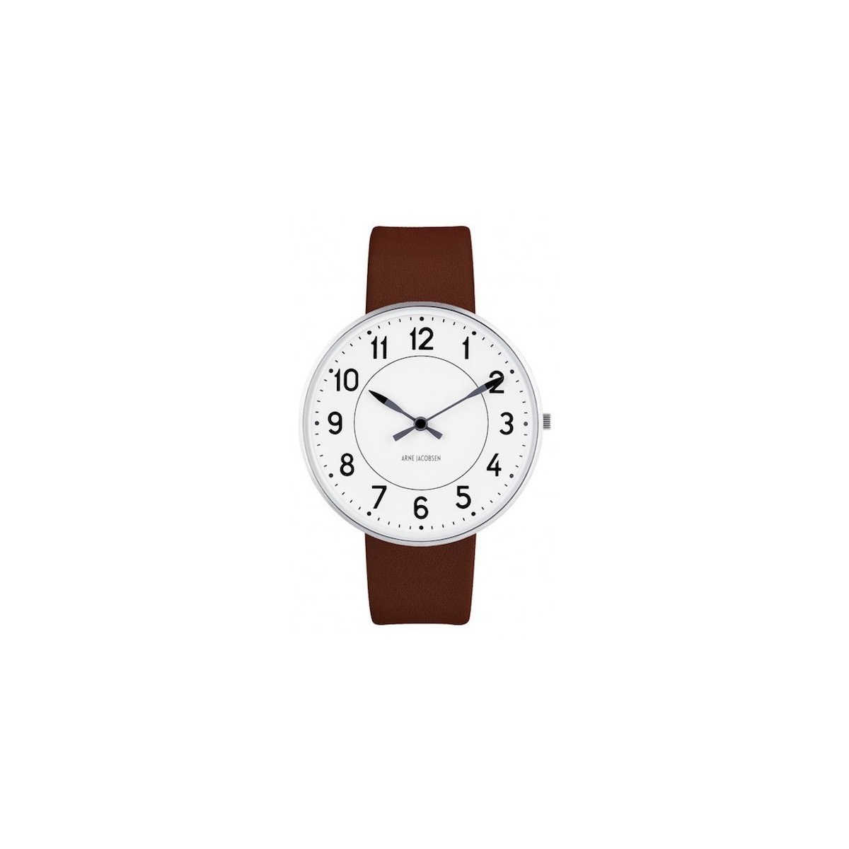 ÉPUISÉ Ø40mm - bracelet cuir marron / fond blanc / cadre métal brossé - montre Station