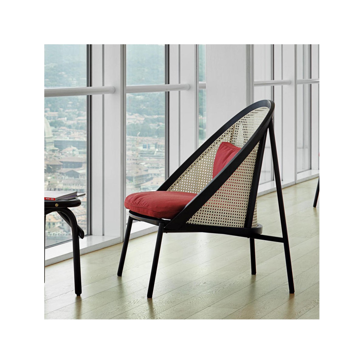 Loïe lounge chair - black lacquered ash, Twill Weave fabric colour 570, woven cane backrest