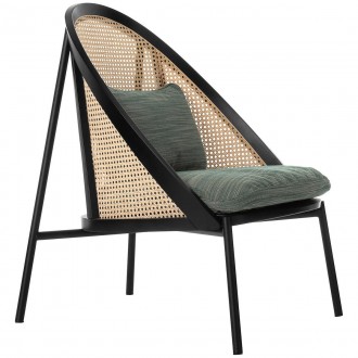 Loïe lounge chair - black lacquered ash + Raas fabric colour 942, woven cane backrest