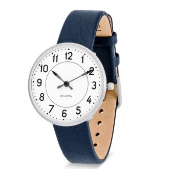 SOLD OUT Station watch - Ø34mm - brushed steel/white, navy blue leather strap