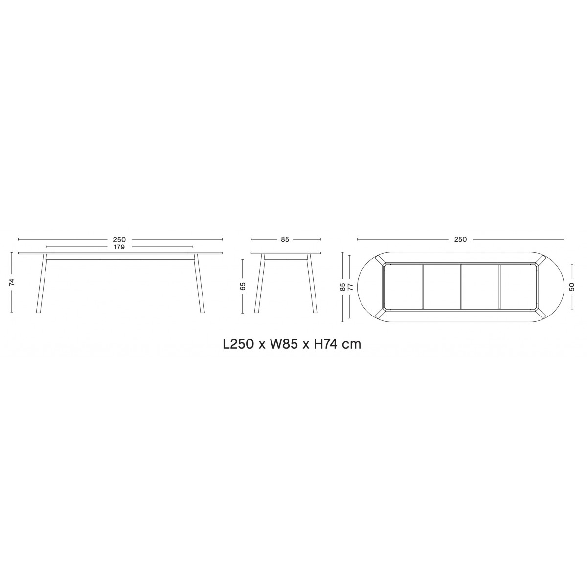 250 x 85 x H74 cm – Triangle Leg Table